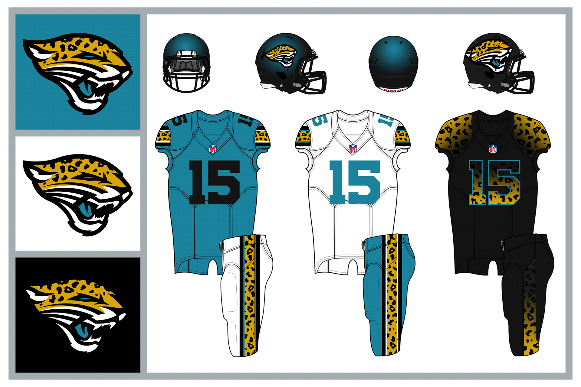 JACKSONVILLE JAGUARS: The Jags logo is a mix of old and new. The uniforms  get sublimated spots and a black & gold alternate.