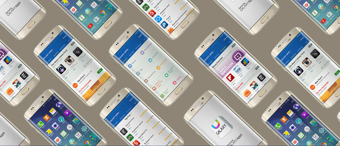  The image shows a grid of Samsung Galaxy smartphones, each displaying a different app. The image represents the search query "Samsung application duplication" because it shows multiple apps that are pre-installed on Samsung Galaxy smartphones.
