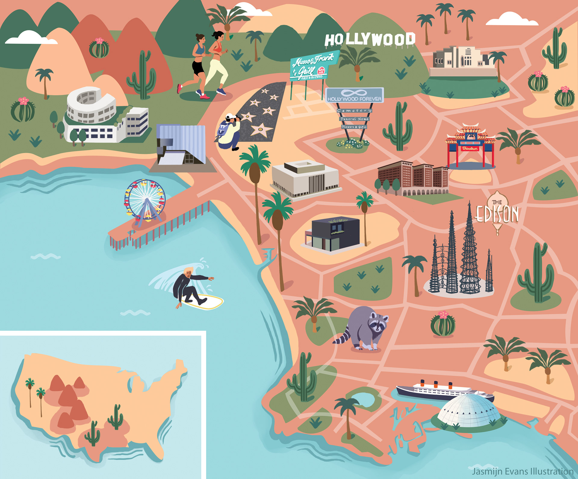 Интересные карты мод. Лос Анджелес карта с достопримечательностями. Карта Лос Анджелеса с достопримечательностями. Достопримечательности Лос Анджелеса на карте города. Карта нарисованная.