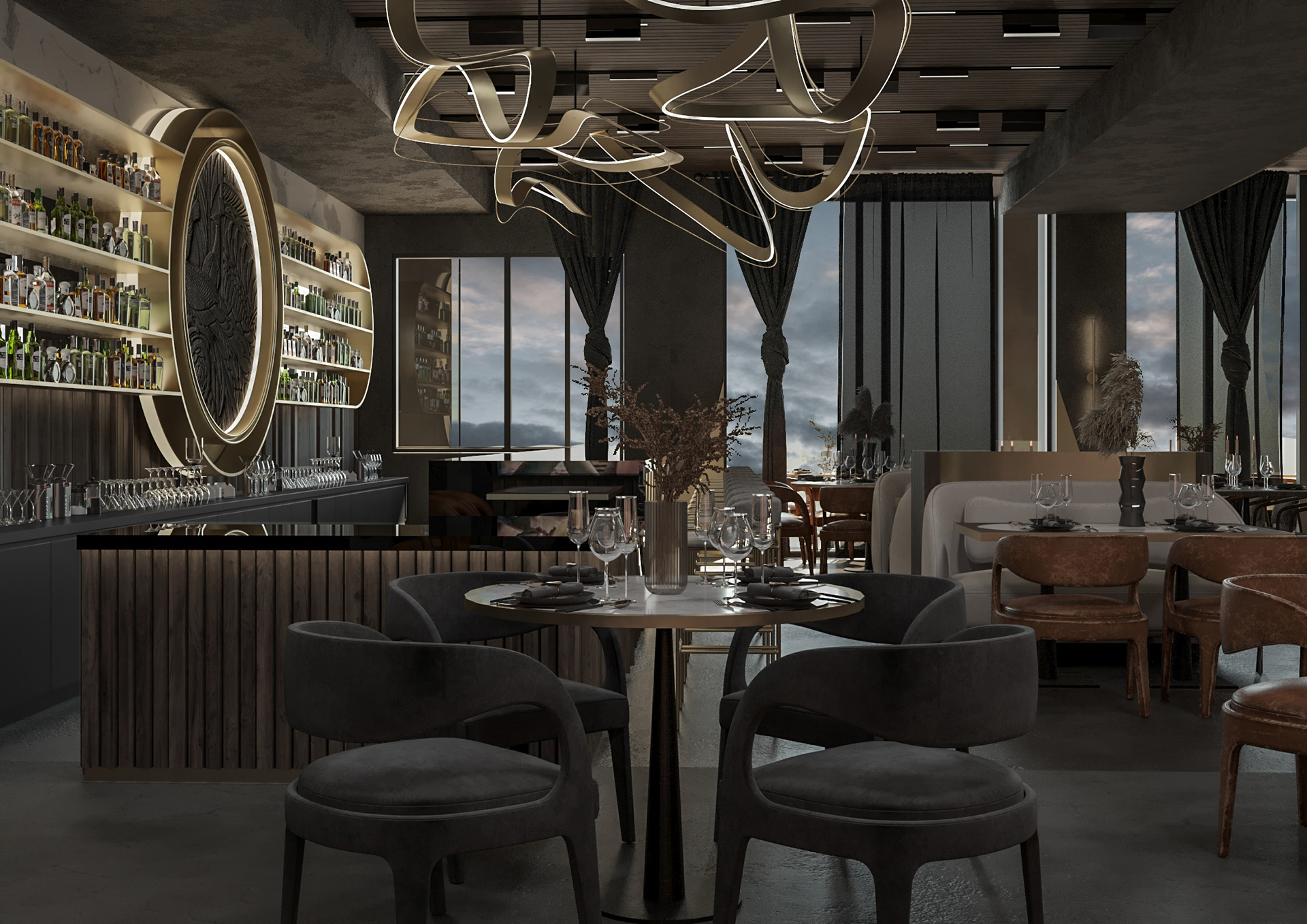 an interior visualization of a luxury restaurant/bar in LA