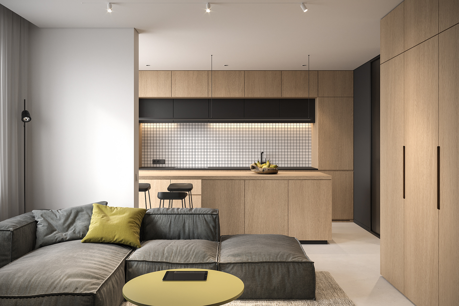 IconP - Thiết kế chung cư căn hộ phong cách hiện đại, gam màu đen độc đáo, kết hợp với gỗ và nhấn màu vàng ấn tượng