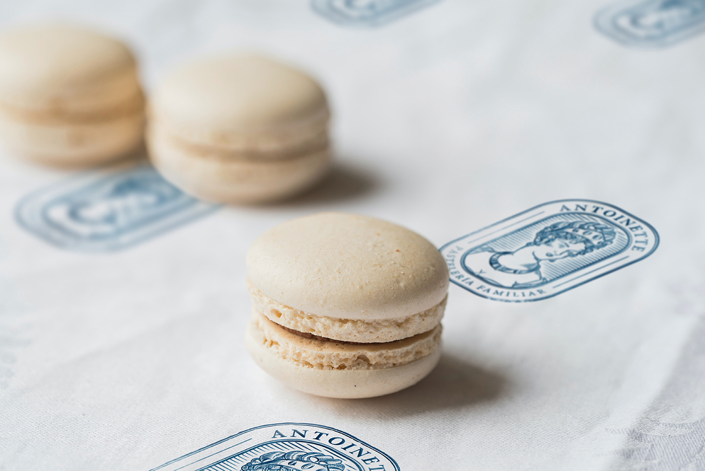 Brand design for Antoinette Cake Shop. Macaron on paper with brand stamps.