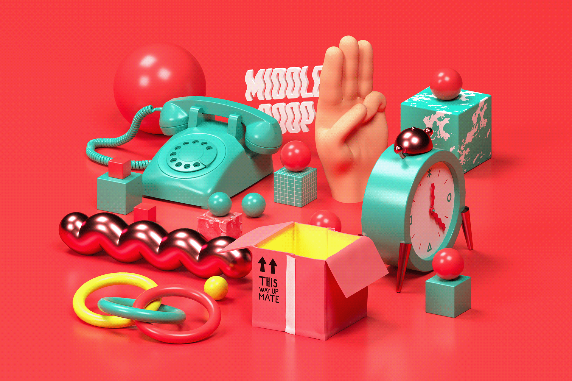 3d rendered toys, clocks and geometric shapes