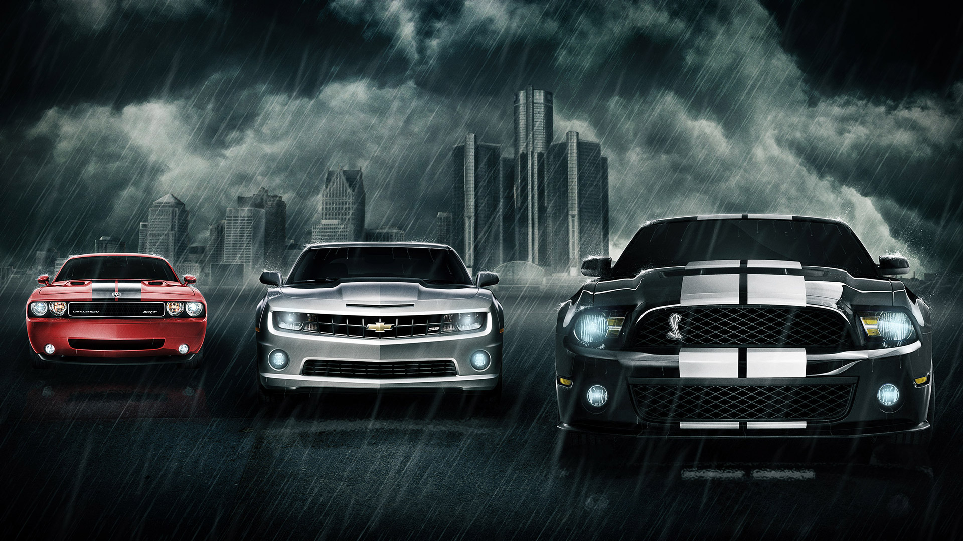 Mustang muscle cars camaro challenger detroit city skyline dark cloudy rain...