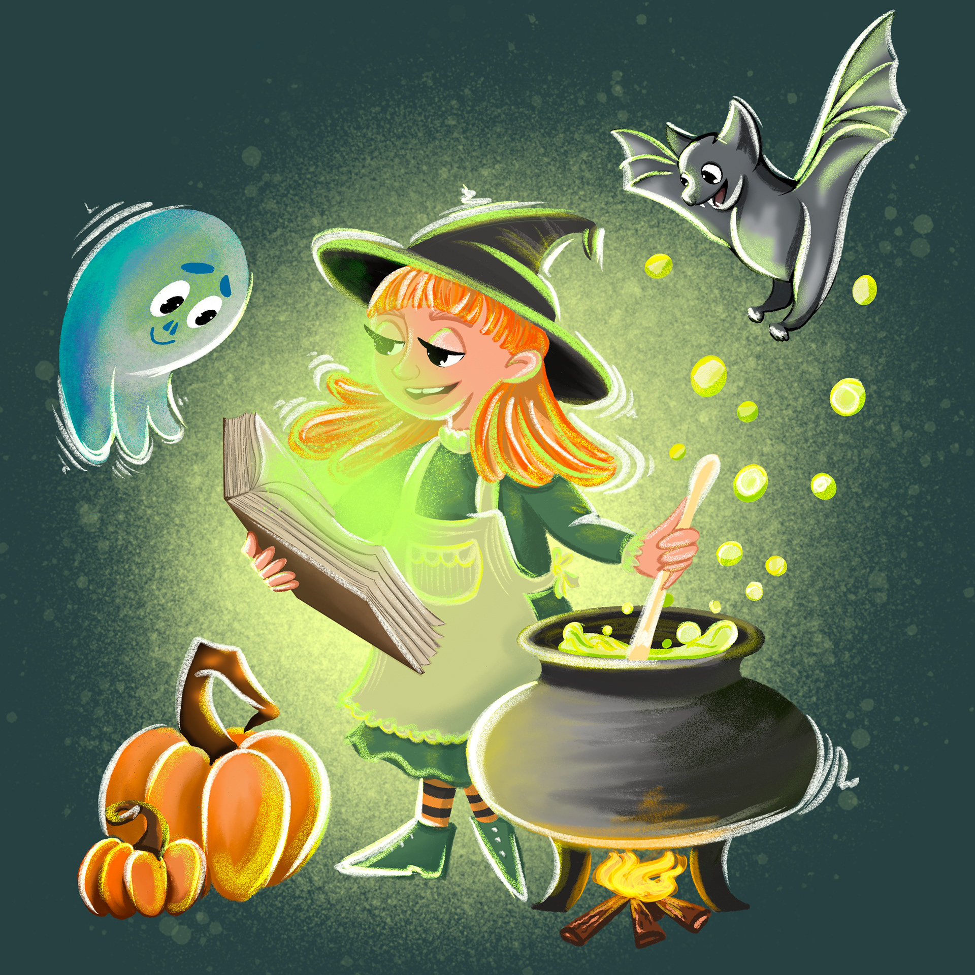 This illustration is about the little witch Amber. Amber prepares a treat for the Halloween celebrat