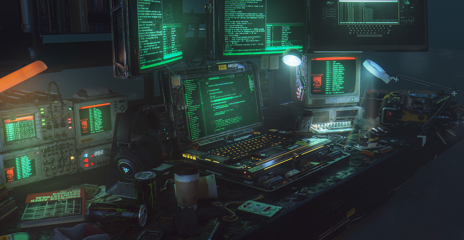 Cyberpunk hacker workstation redshift Render cinema4d.
