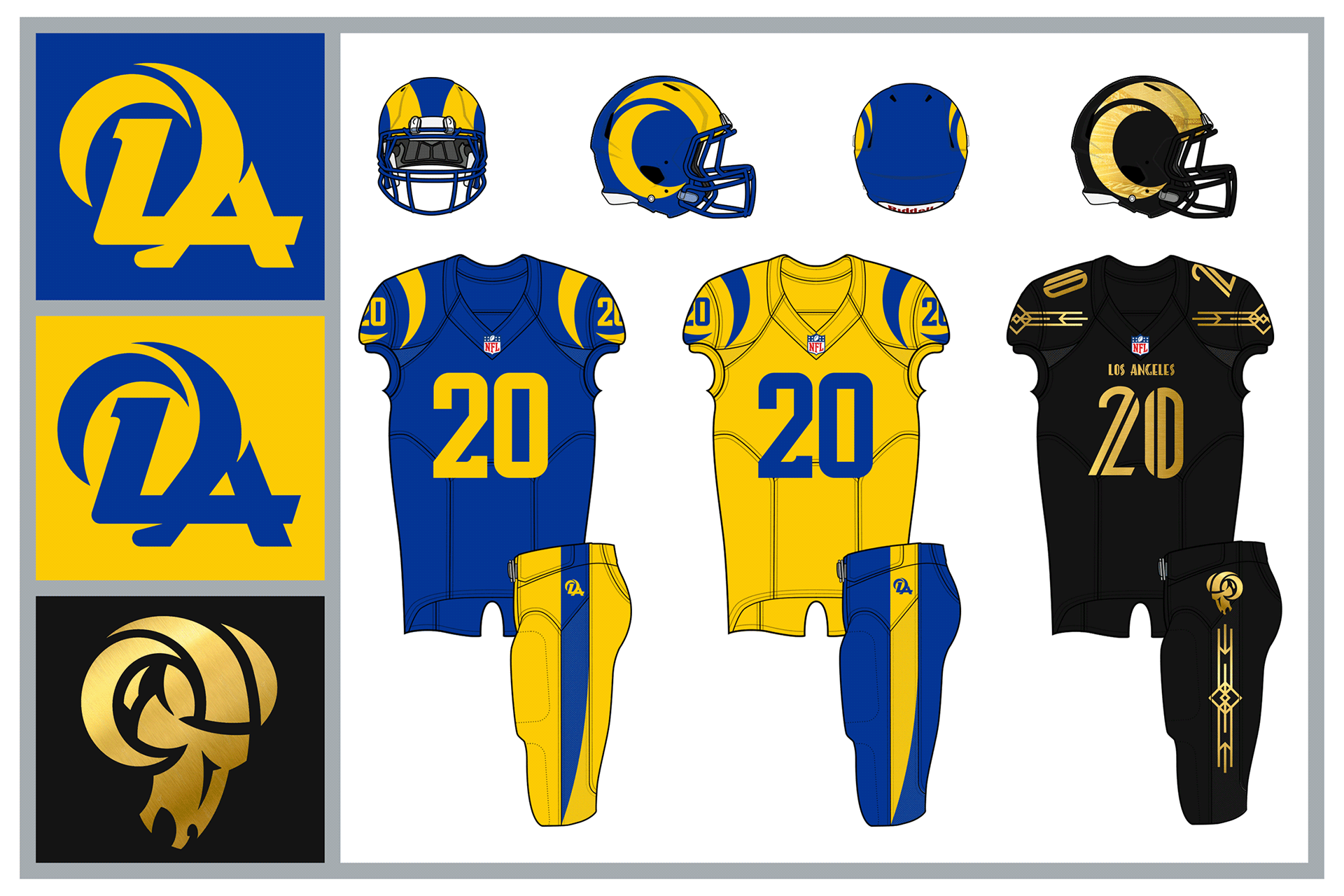 LOS ANGELES RAMS: The Rams uniforms return to a classic look, with a yellow  away in place of white. The Hollywood alternate uses LA's art deco design  and metallic gold.