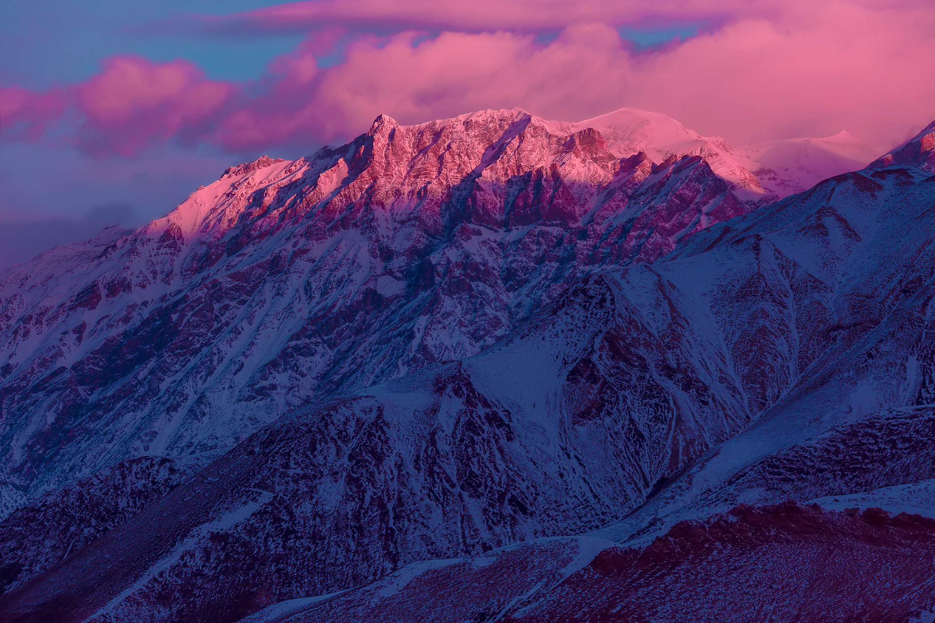 sunrise landscape in the himalayas, pink mountains