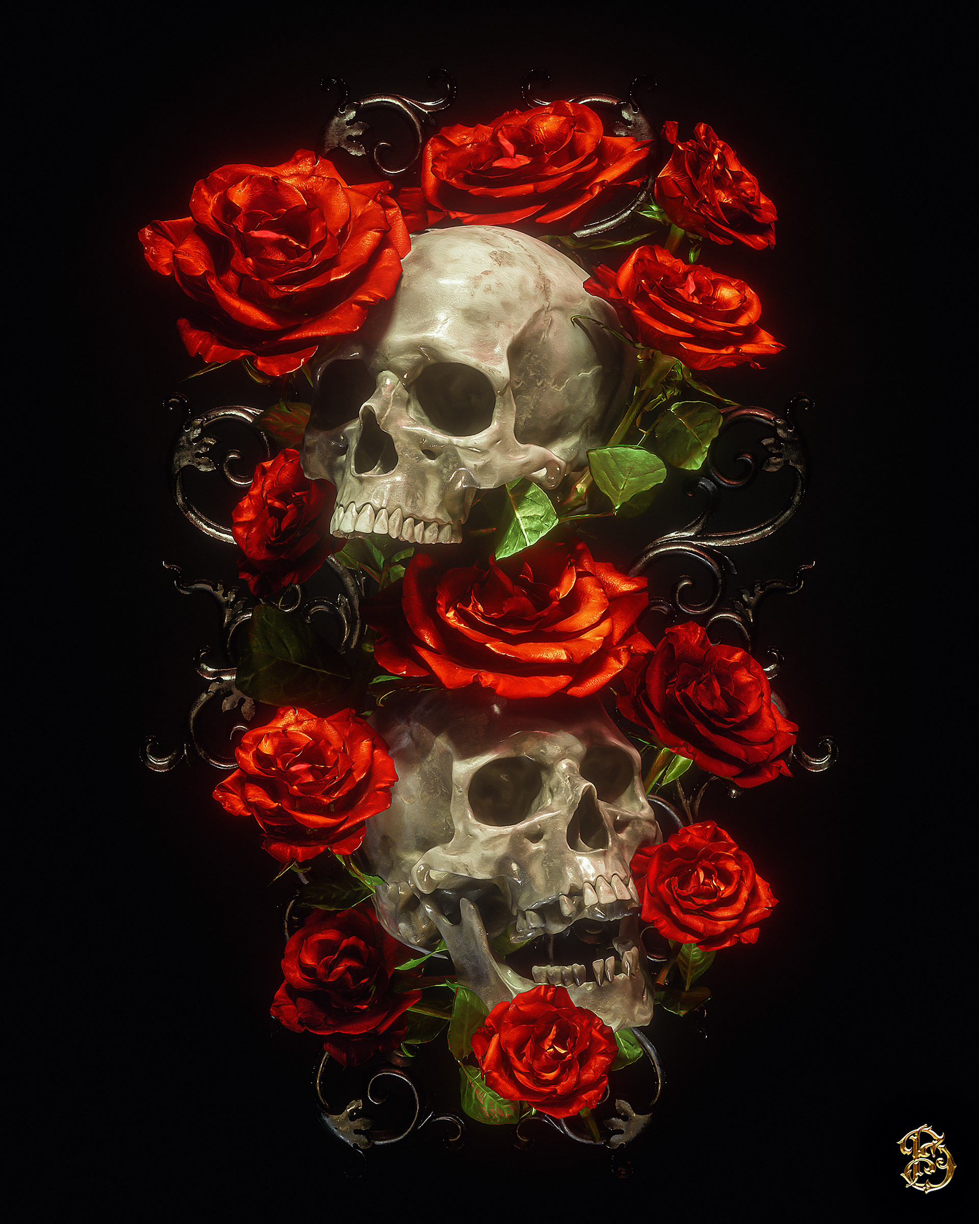 billelis skull tattoo art ILLUSTRATION Roses octane 3D floral geometric.
