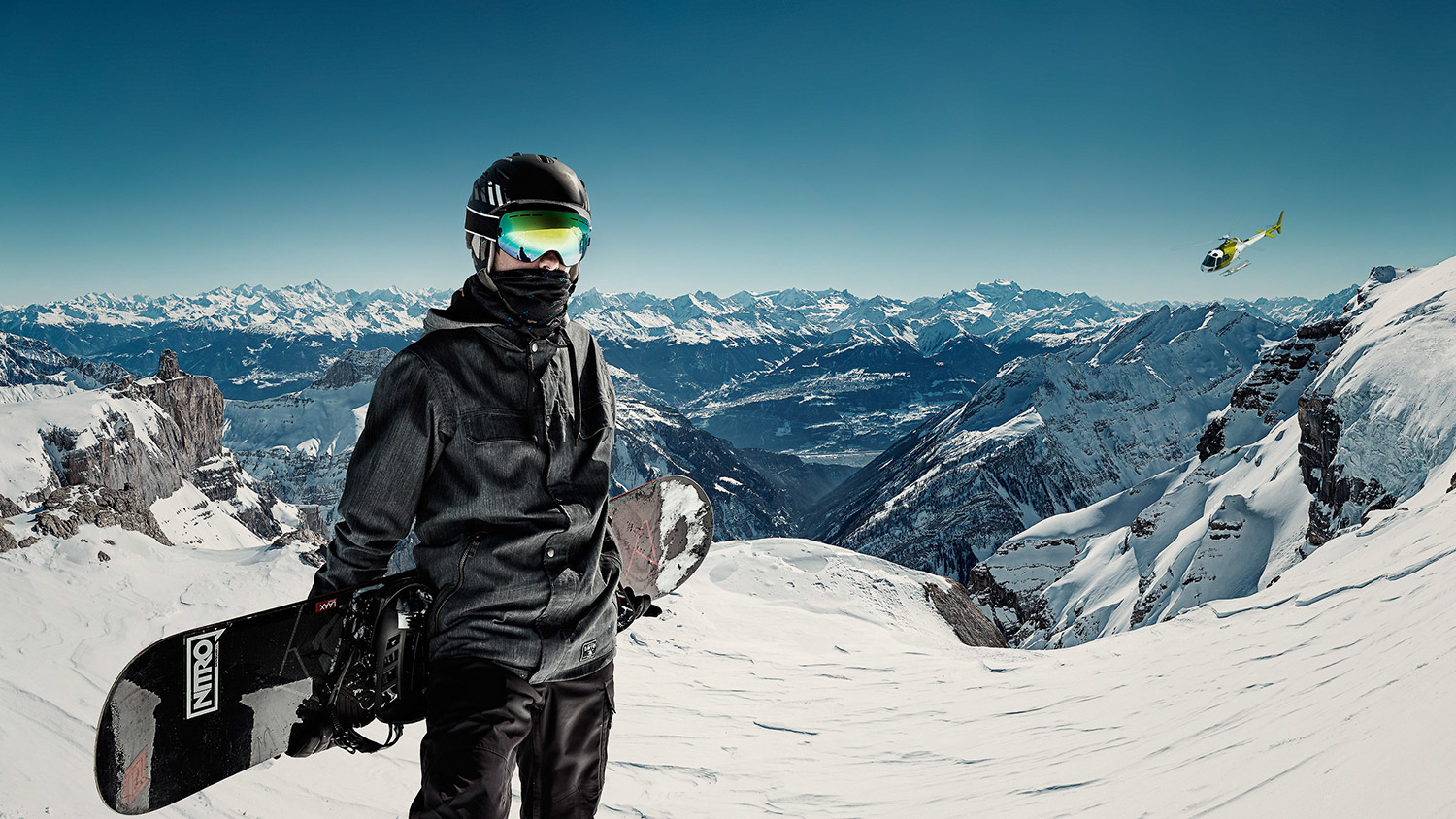 Snowboarding sports on location photo shoot compositing retouching mountain...