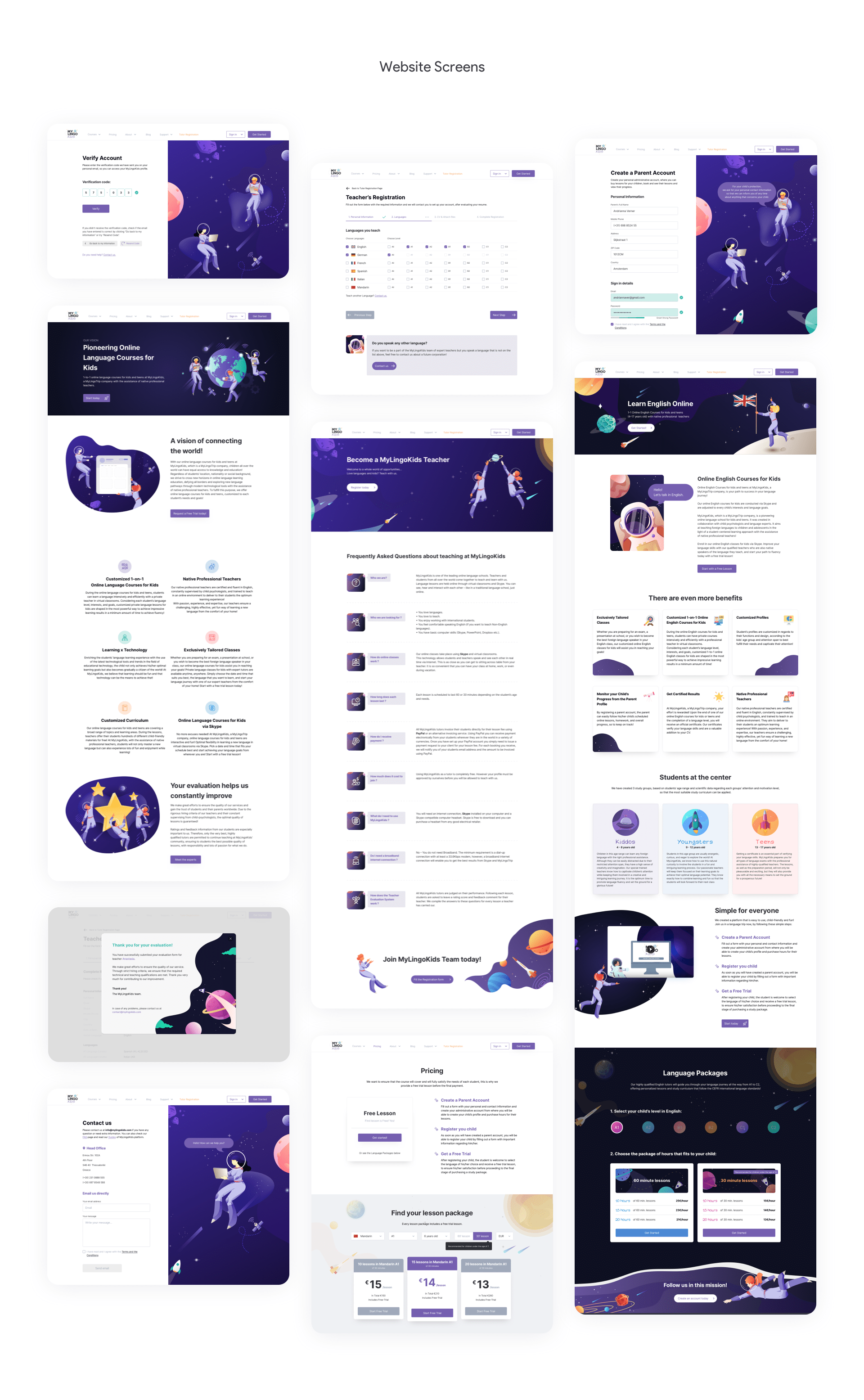 Set of web pages design with illustrations in a space theme
