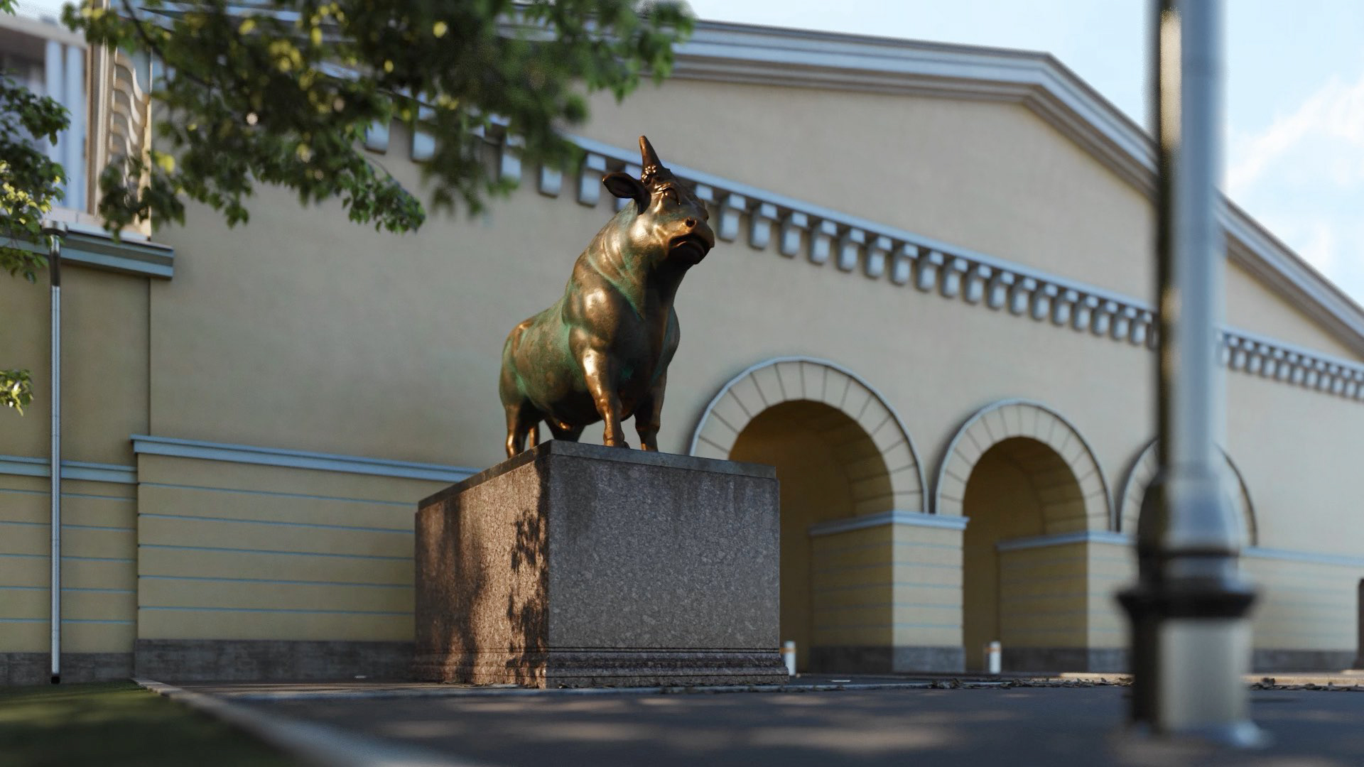 Historic entrance with bull sculpture, 3d rendering