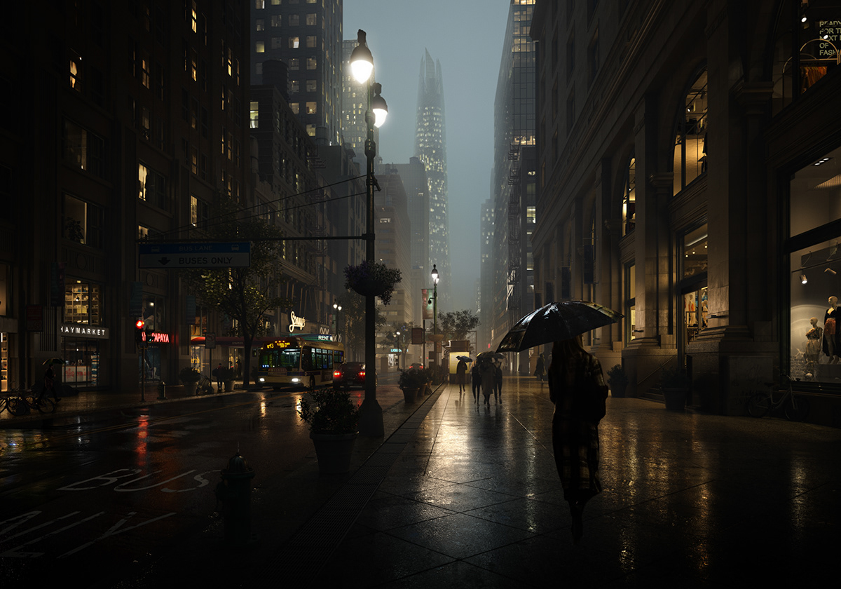 New York archiviz CGI postproduction vray highrise Moody rainy Street Urban