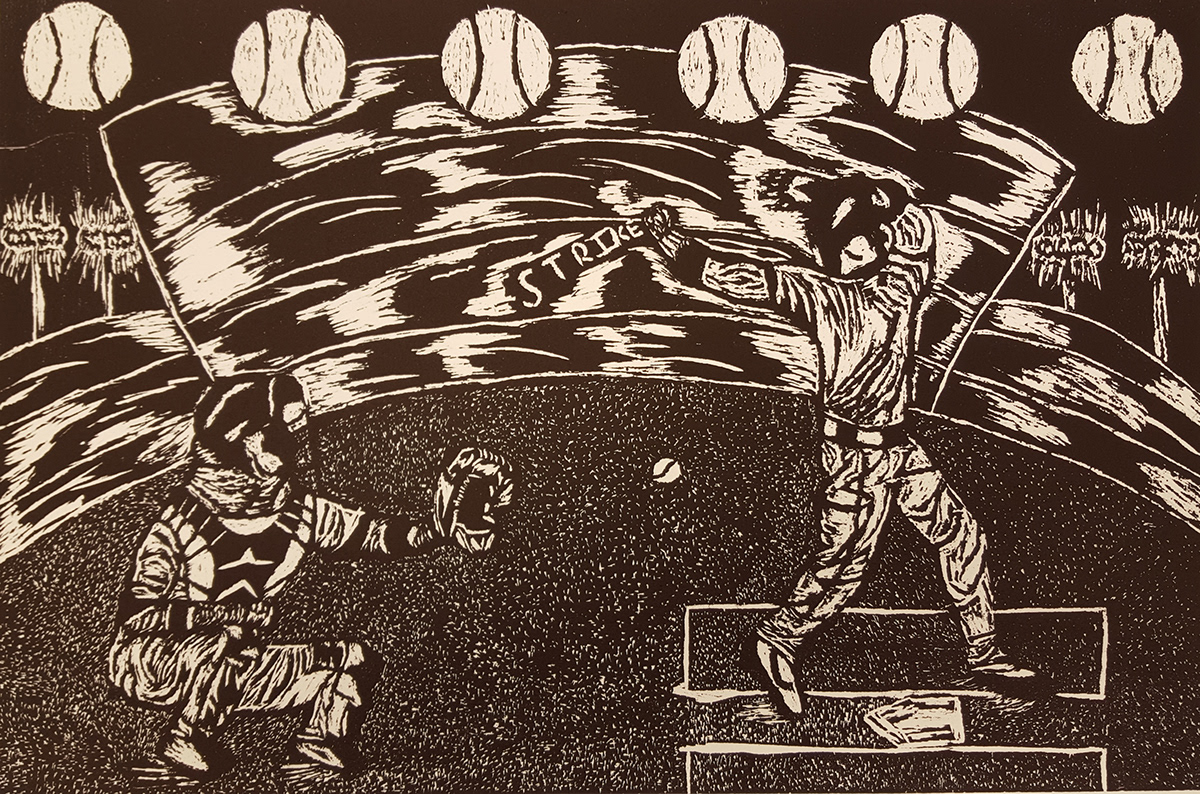 printmaking block print black ink baseball art