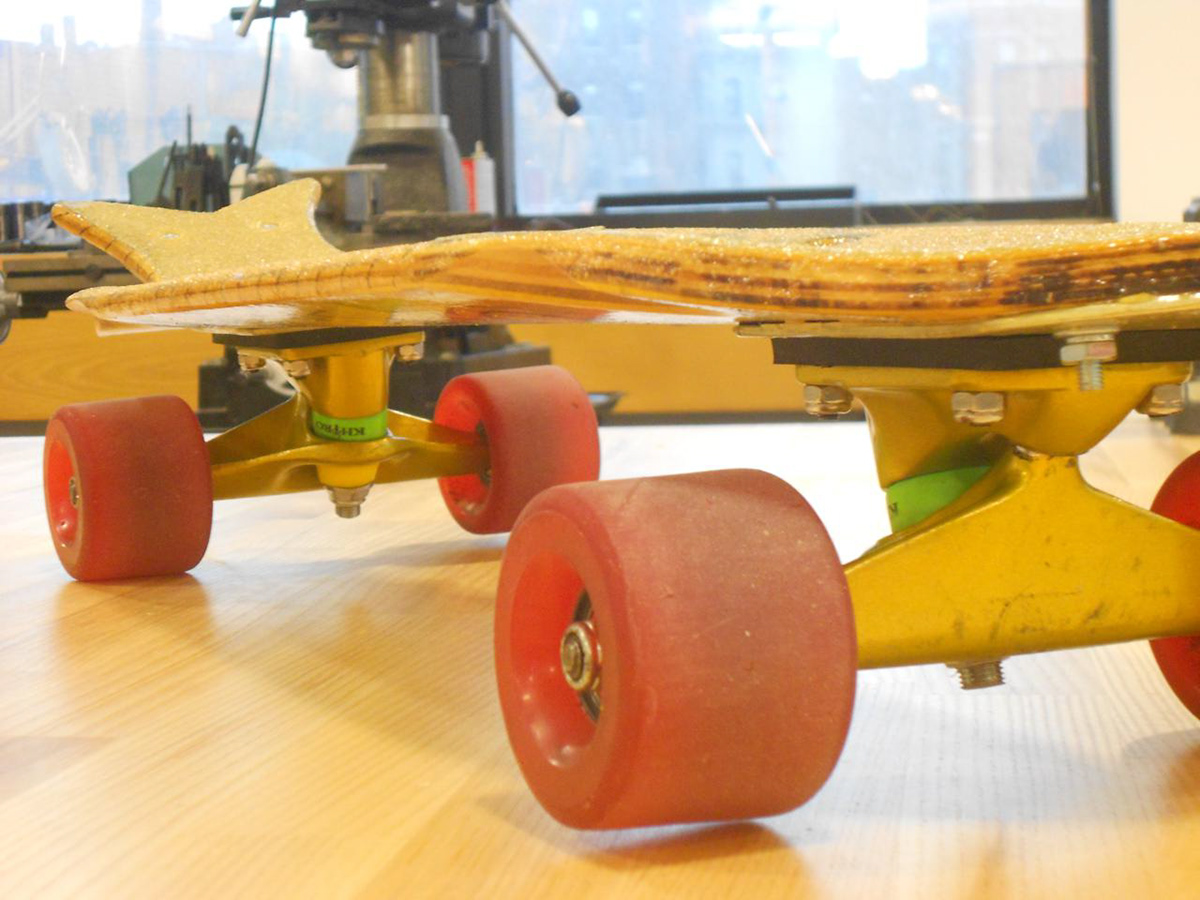 skateboard MINI LONGBOARD trucks wheels bushings black and yellow aluminum wood carve yellow sardine