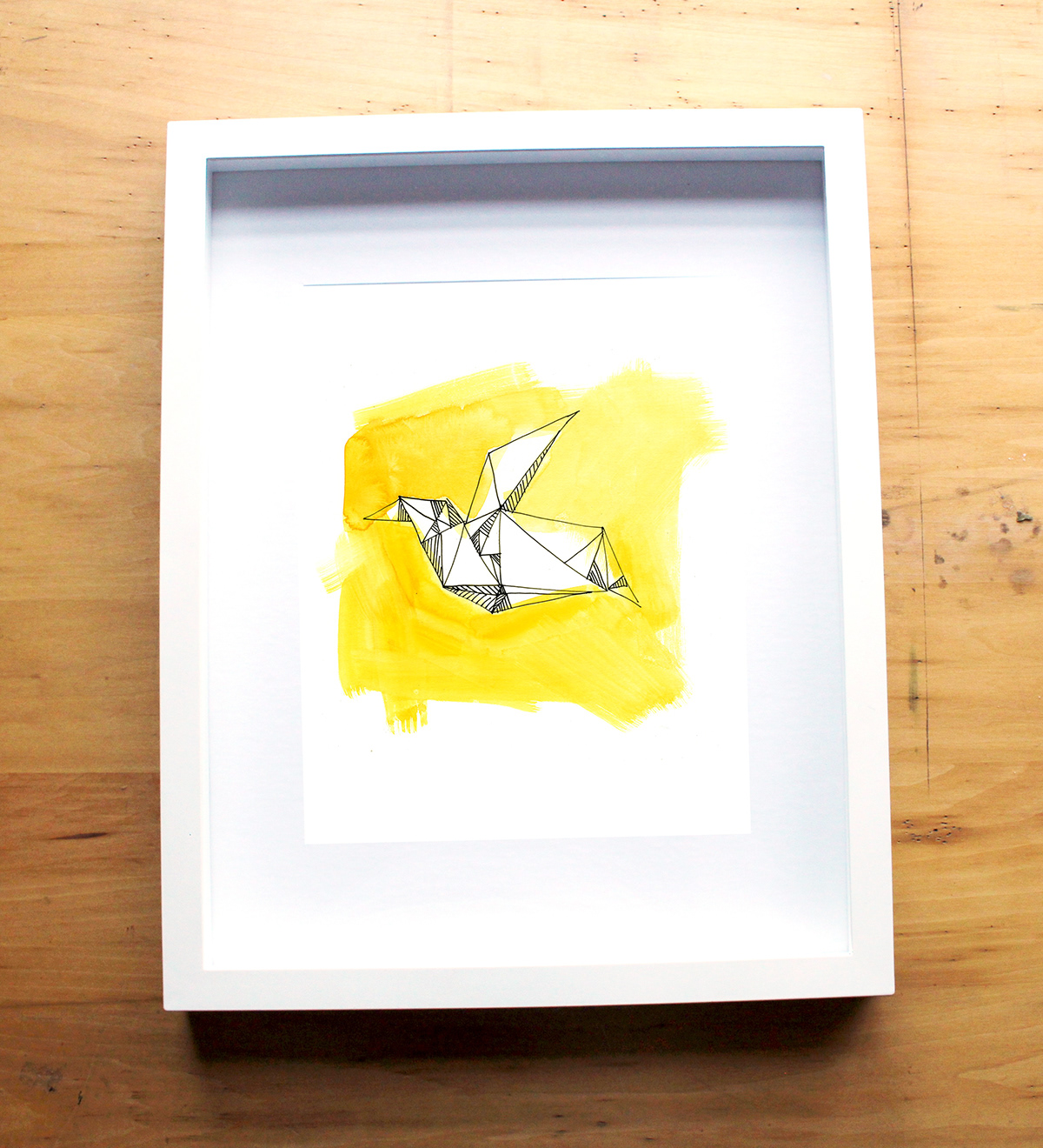 geometric FOX crane sunshine Cat print fine art gouache ink shape line triangle yellow red color