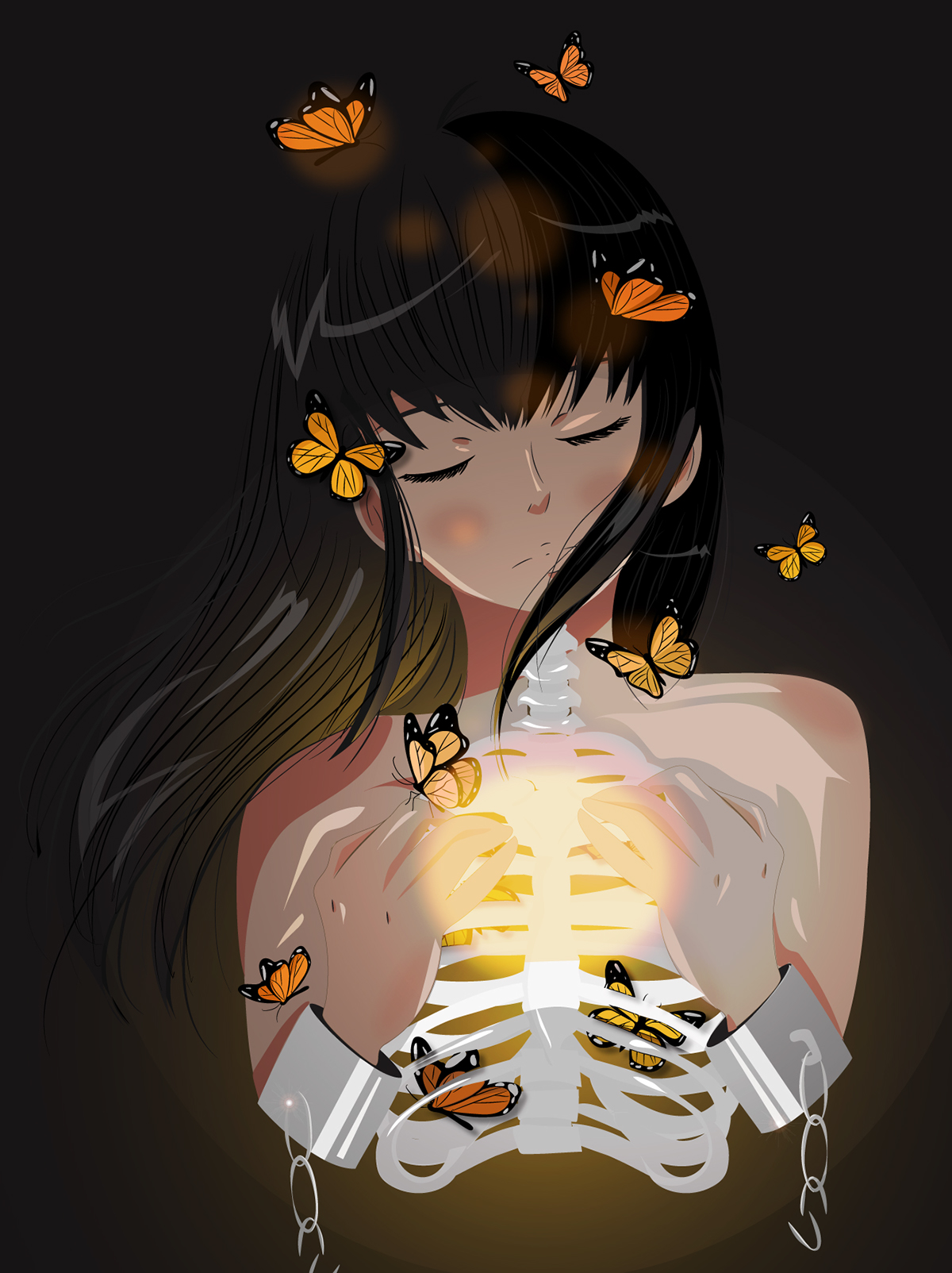 butterfly ribcage vectorart animegirl skeleton mariposas surreal glow