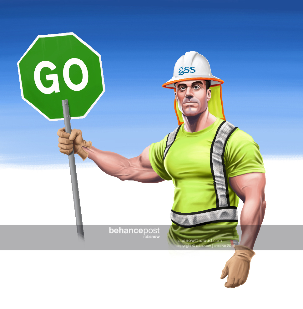 builder road worker Hero caricature   man safety worker standing sign reflective industry wacom photoshop
