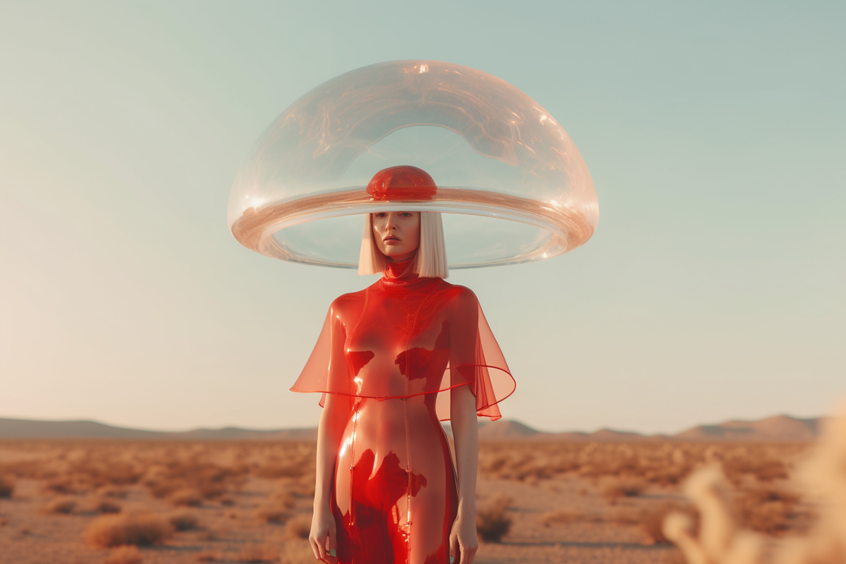 photoshoot surreal portrait model futuristic Cyberpunk burningman dust desert