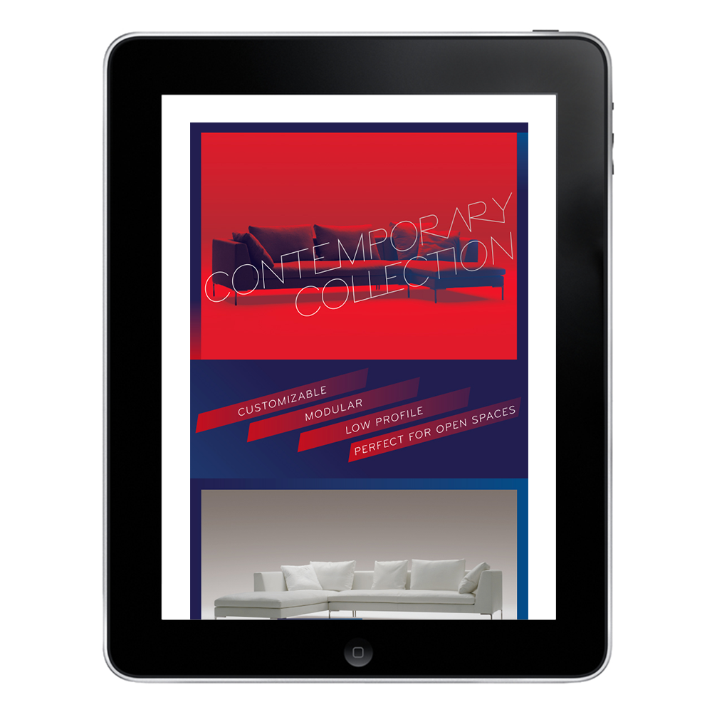 contemporary modernist furniture gradient red blue sans serif print ad Email Web Luxe Magazine minimalist Overlay
