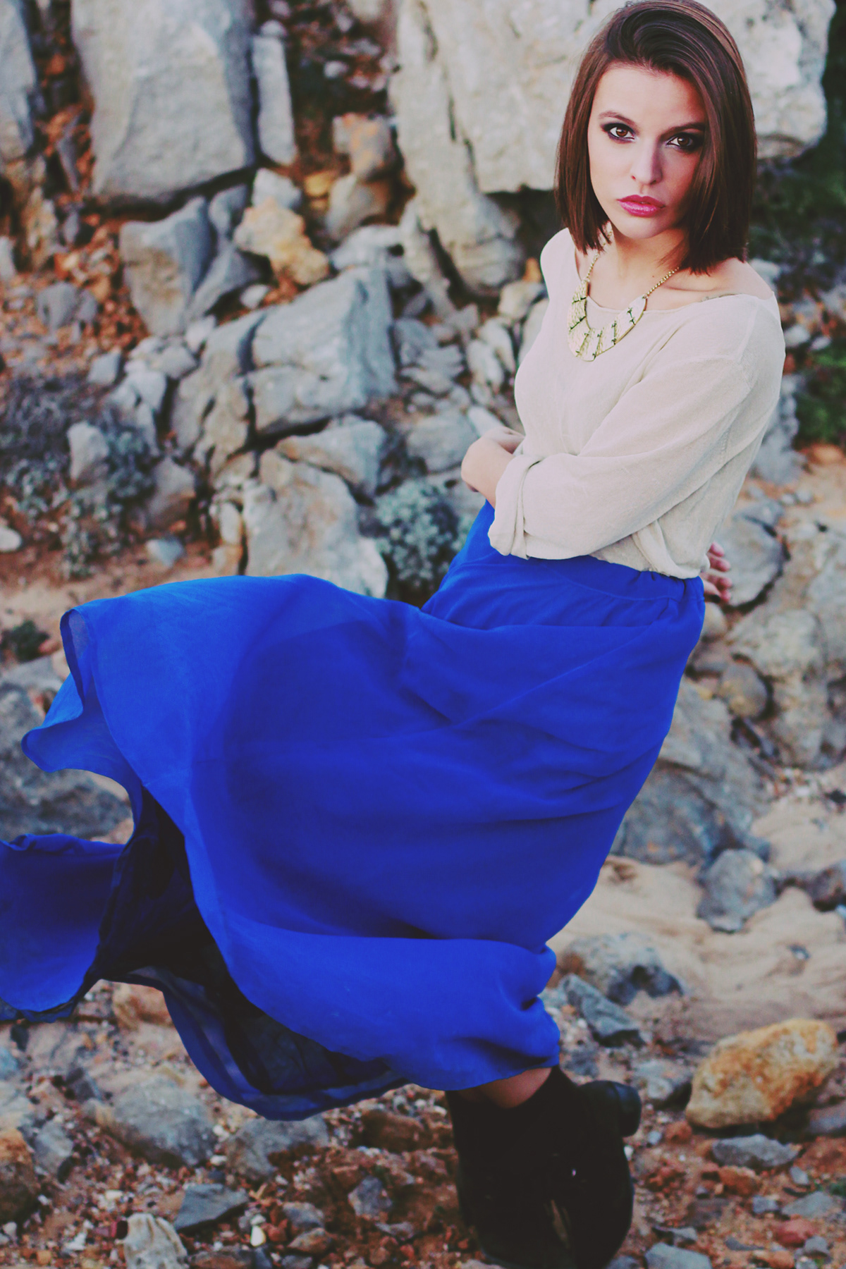 girl blue skirt rocks navy