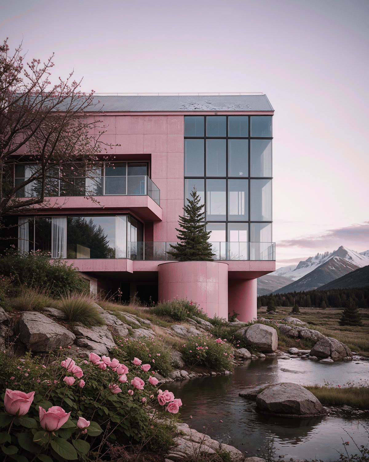 snow Roses pink architecture building house stable diffusion ai midjourney aesthetic