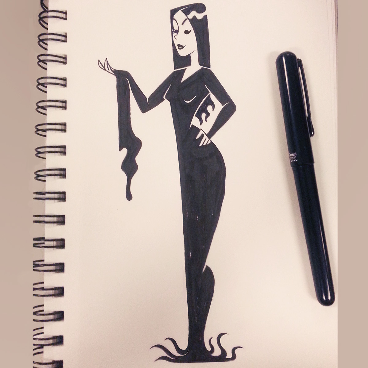 pen ink characters TRADITIONAL ART sketches Morticia Addams Marty Mcfly gif sketchbook inktober