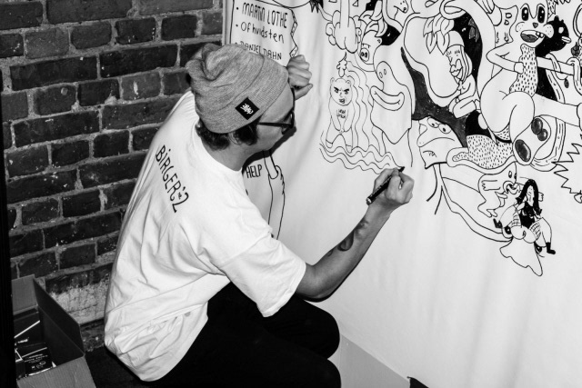 wesc markers doodles cartoon comic monsters brain Mural wall trees mushroom penis hot dog beer skateboard