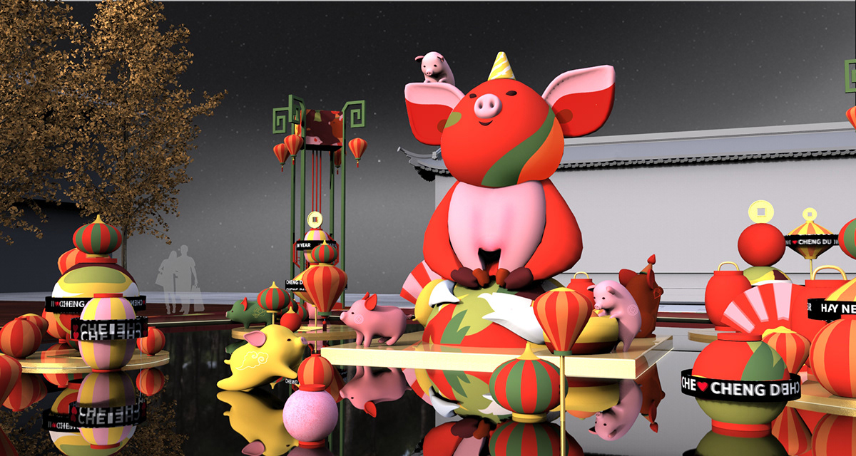 installation Vector Illustration year of pig chinese new year cny Outdoor installation 3D Characters pig lanterns china