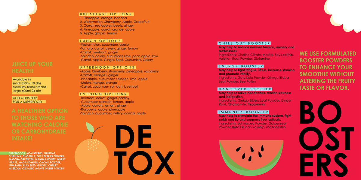 design book menu fruits fresh juice colors bright bold type