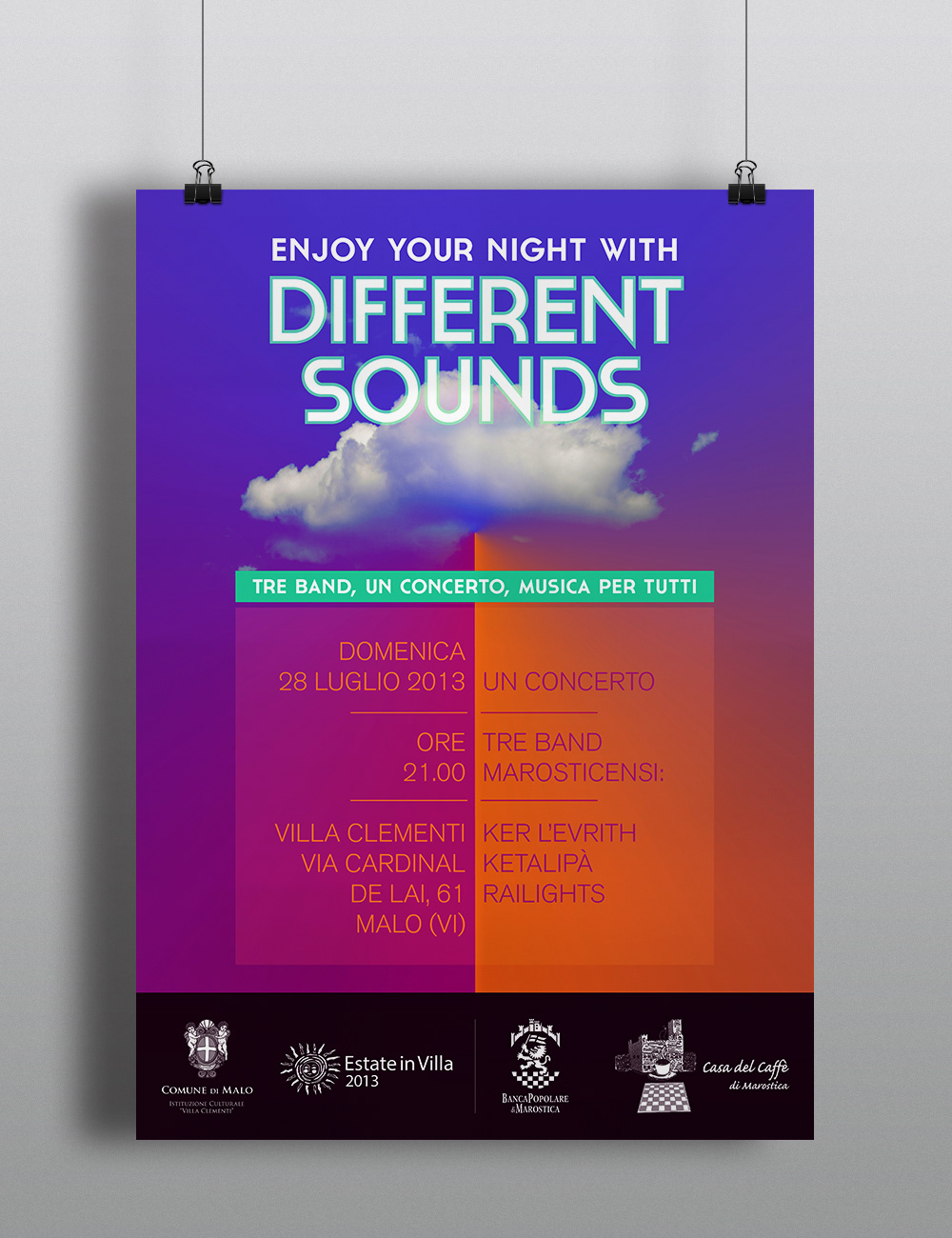 malo Event  Concert Marostica Railights Different Sounds cloud identity poster flyer four fold 4 fold box