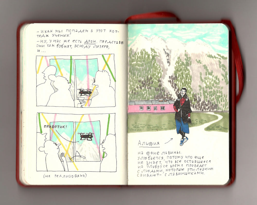 sketch sketchbook mountains elbrus caucasus Travel travelbook travel sketch yellow raincoat