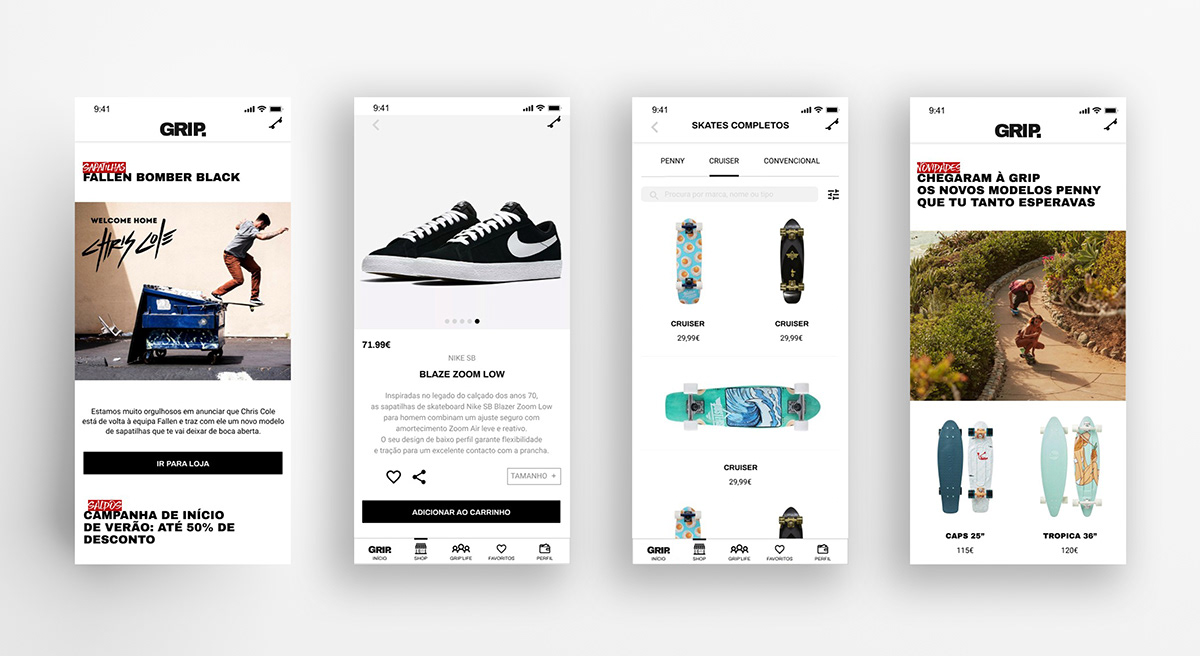 app design grip. skate UI ux Website