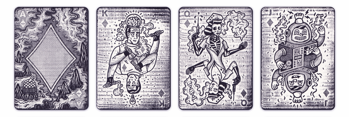 linocut screenprint handmade Playing Cards cards skull head beer Fly lips