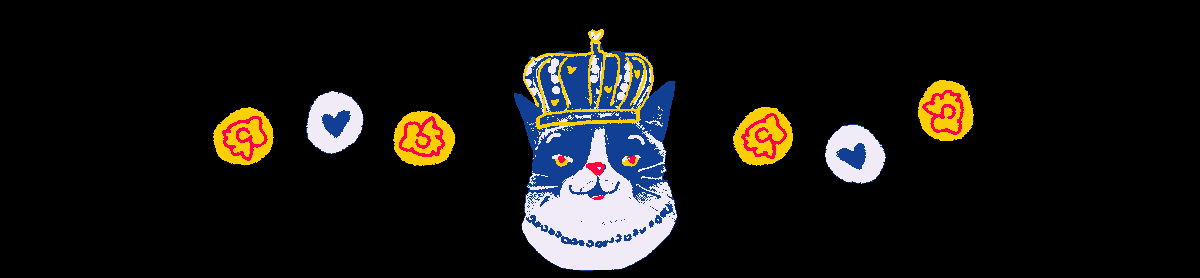 Cat with a crown, animated with flowers and hearts.
