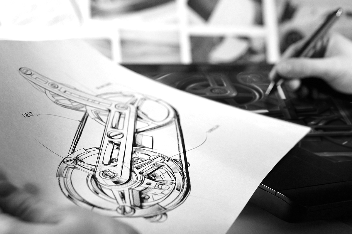 making of tag heuer monaco V4 v4 tourbillon watch design sketch pencil sketch haute horlogerie belt jewelry