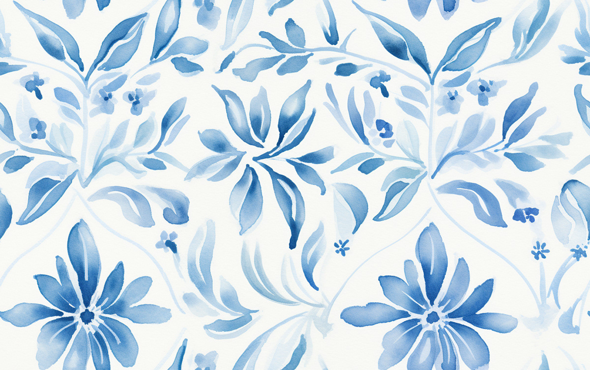 Indigo watercolor foliage fabric design textile fabric textile design  Surface Pattern floral foliage pattern