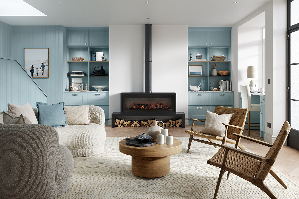 Duck egg blue living space with integrated open plan shelving and storage cabinetry, CGI by Pikcells