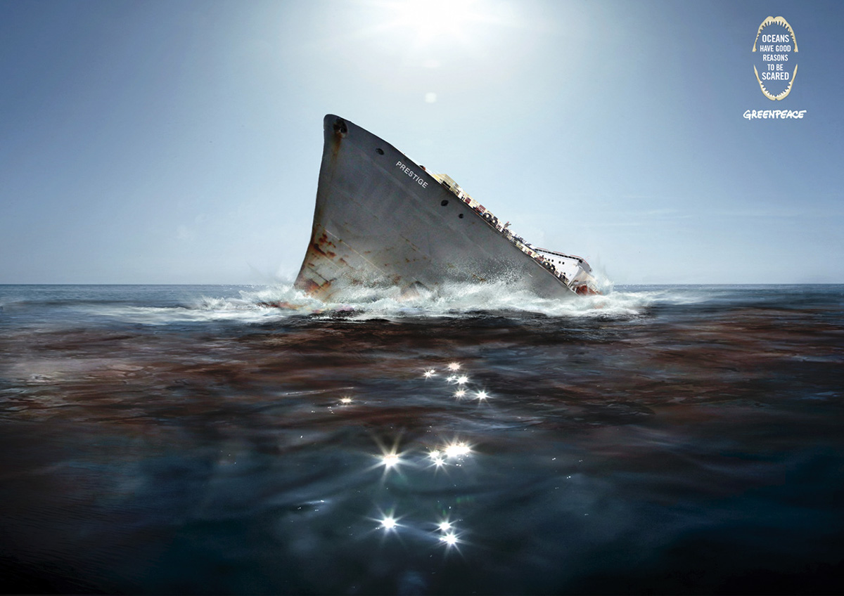 Adobe Portfolio print student show student Lürzers marine oil spilling shark fin boat tanker Sink