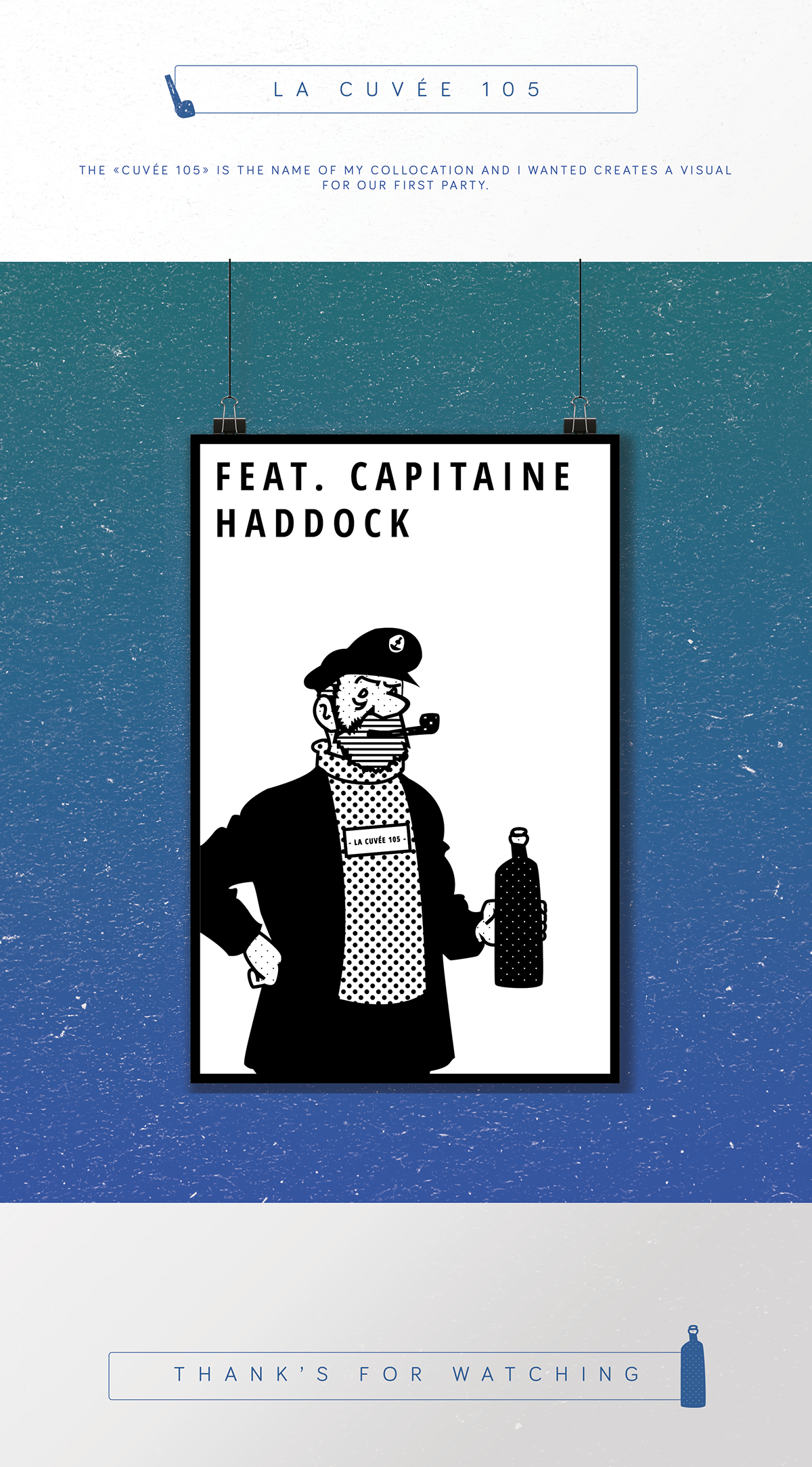 capitaine haddock tintin Herge design graphique party bd bande dessinée pattern pois black and white wine soirée haddock print poster