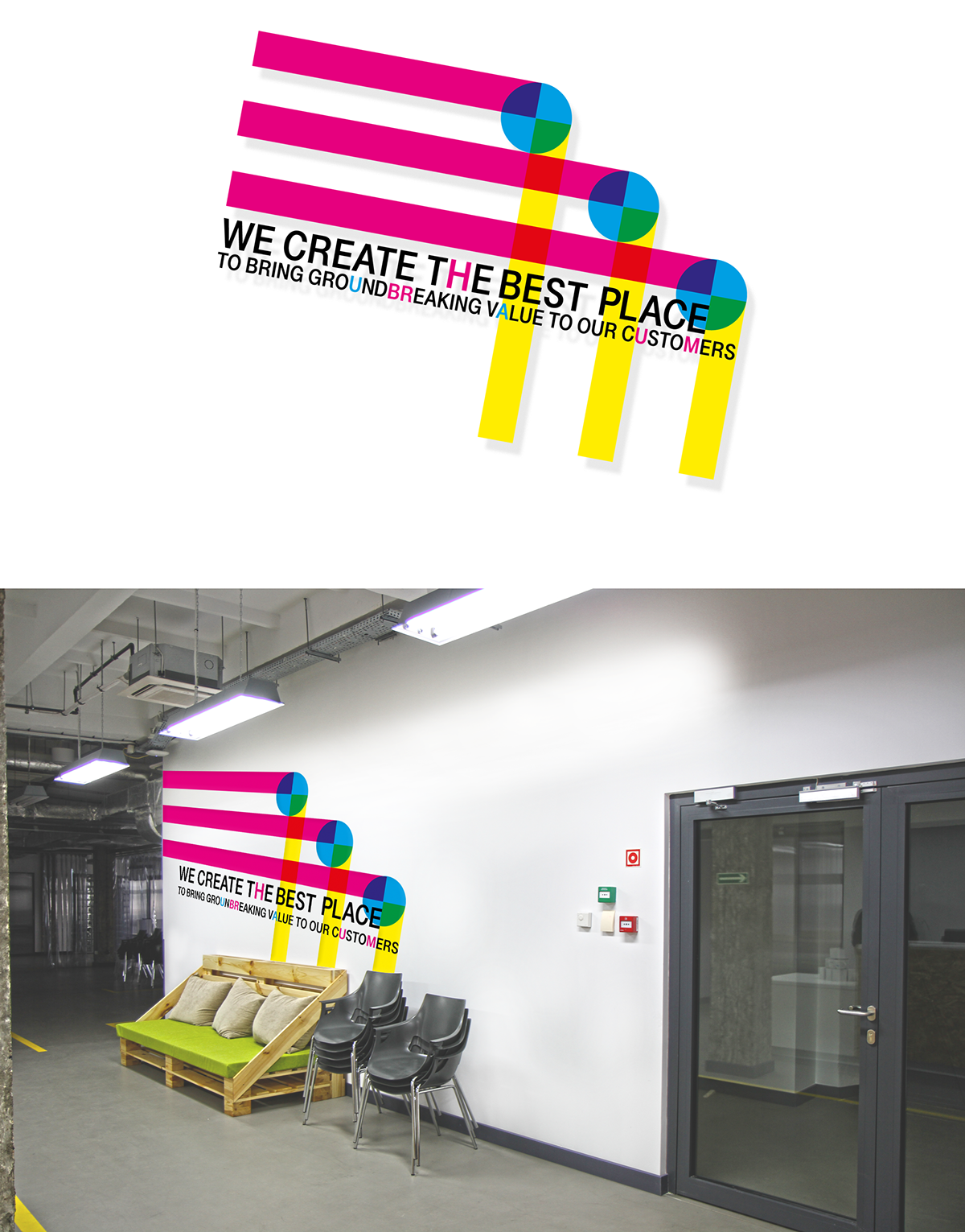 stickers wall Interior CMYK Contrasting Colours wall decoration geometric hub:raum T-Mobile Wall murals graphics colorful cracow Office Wall vinyl