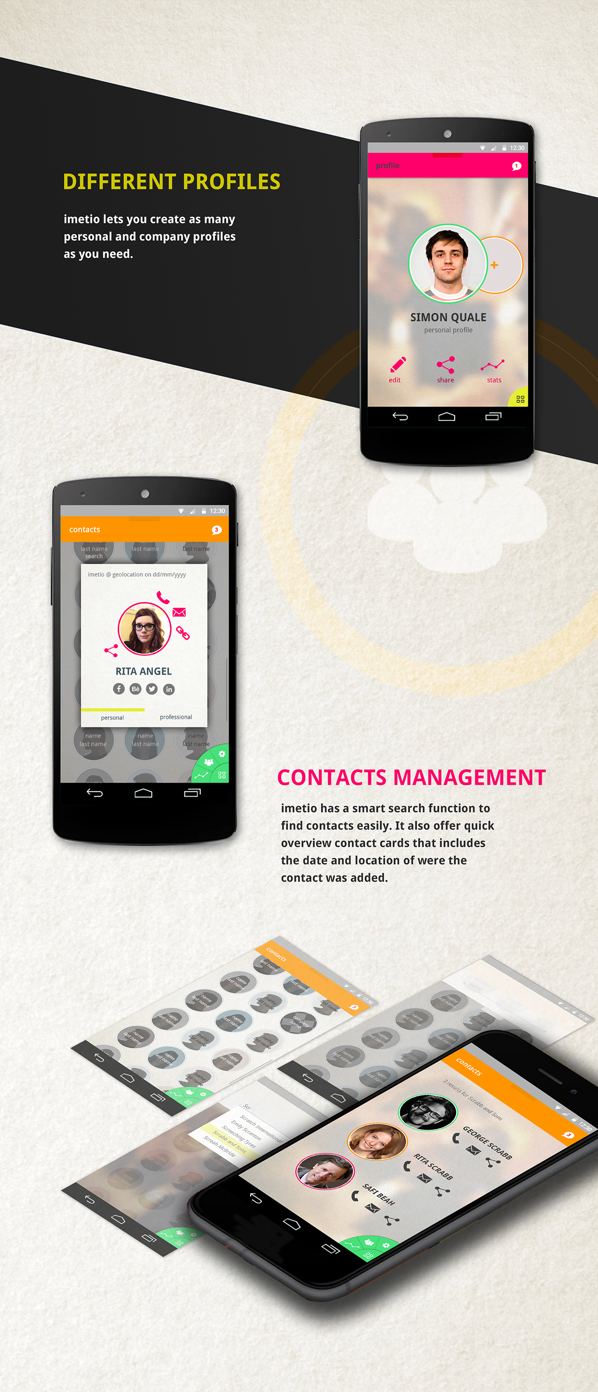 mobile application imetio contactsmanager contact social media app applicationdesign design businesscards connections profile interaction userinteraction Materialdesign