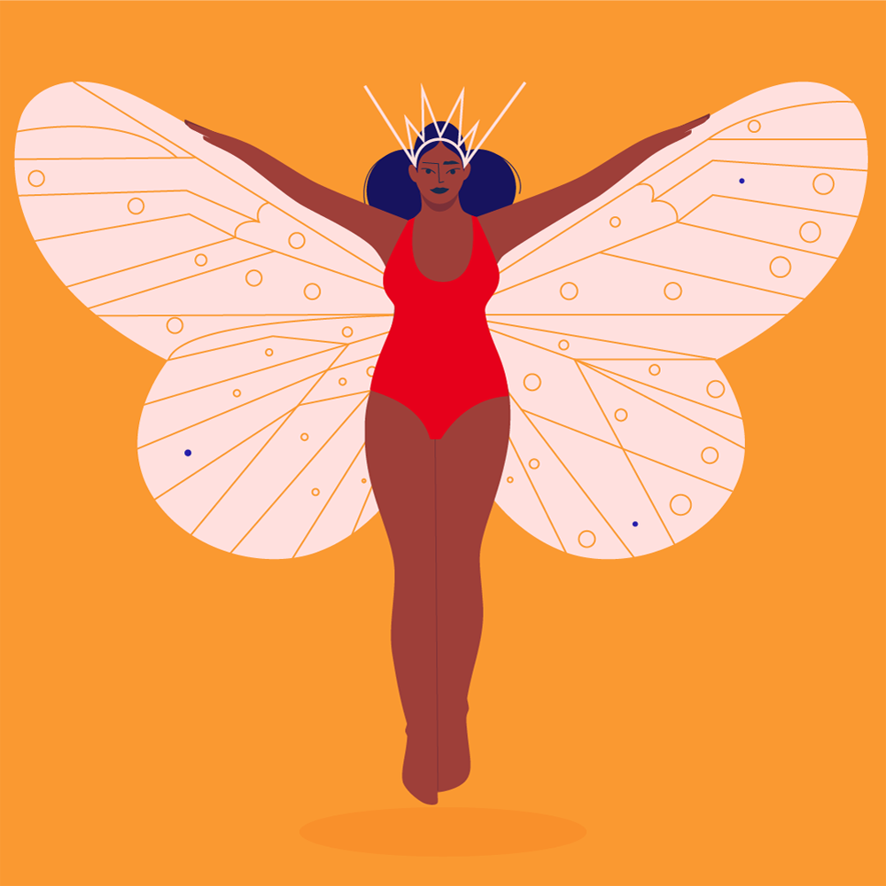 Dark skinned oman with wings of a butterfly spread boldly, presenting her beauty and strenght queen
