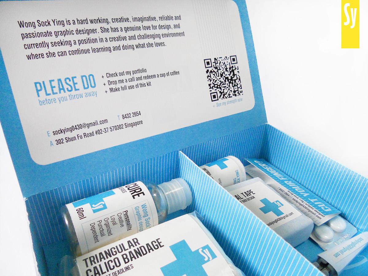 Self Promotion first aid kit metaphor Packaging medicine medical doctor help is on the way interview CV Resume paper box blue wong sock ying sockying two colours QR codes Self Promo Promotion Red Cross blue cross personal identity namecard clinic hospital cure