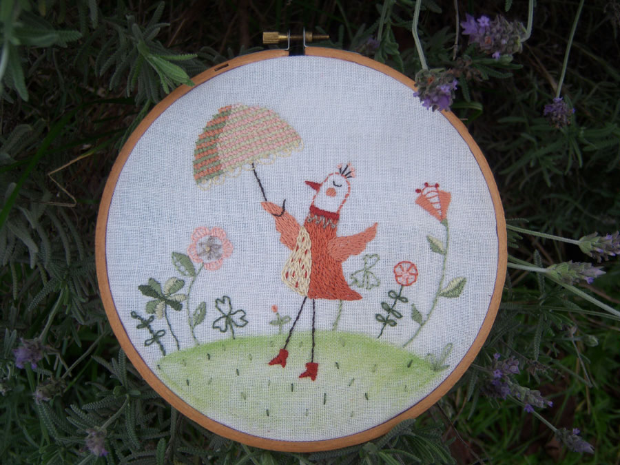 Embroidery Umbrella bird Flowers garden parasol paraguas sombrilla ave pajaro bordado jardin Flores