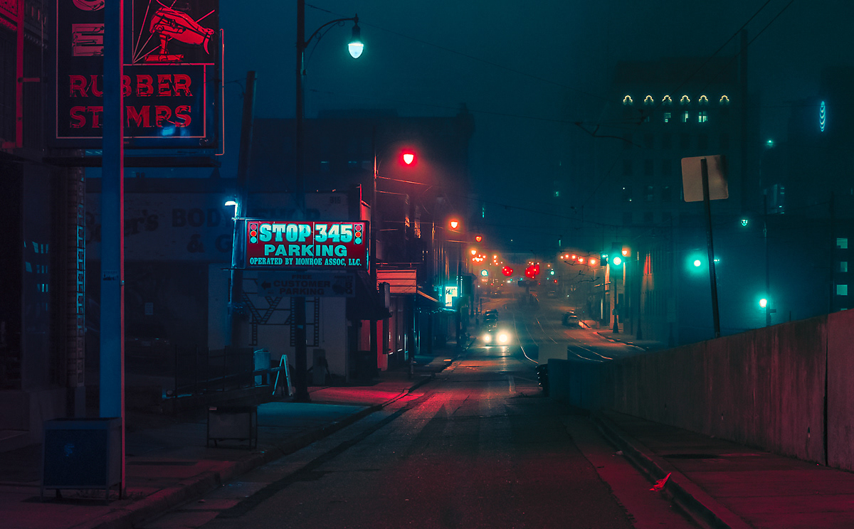Anthony presley architecture Bladerunner city Memphis Tennessee Moody neon night photo story rain