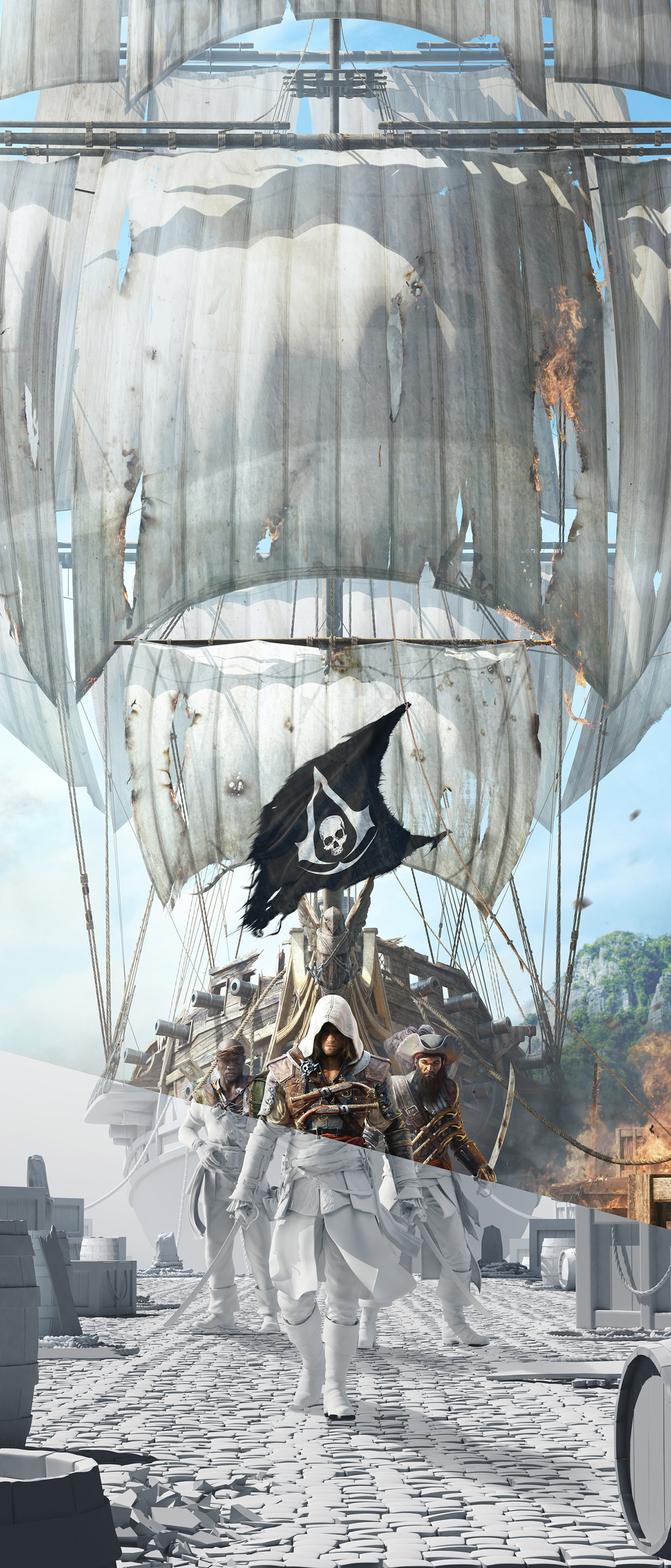 assassins creed ubisoft game AAA black flag pirates pirate ship fire port rope Gun powder