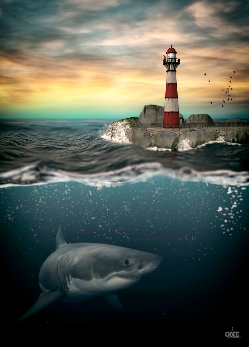 lighthouse sea 3dsmax shark Photo Manipulation  vray underwater