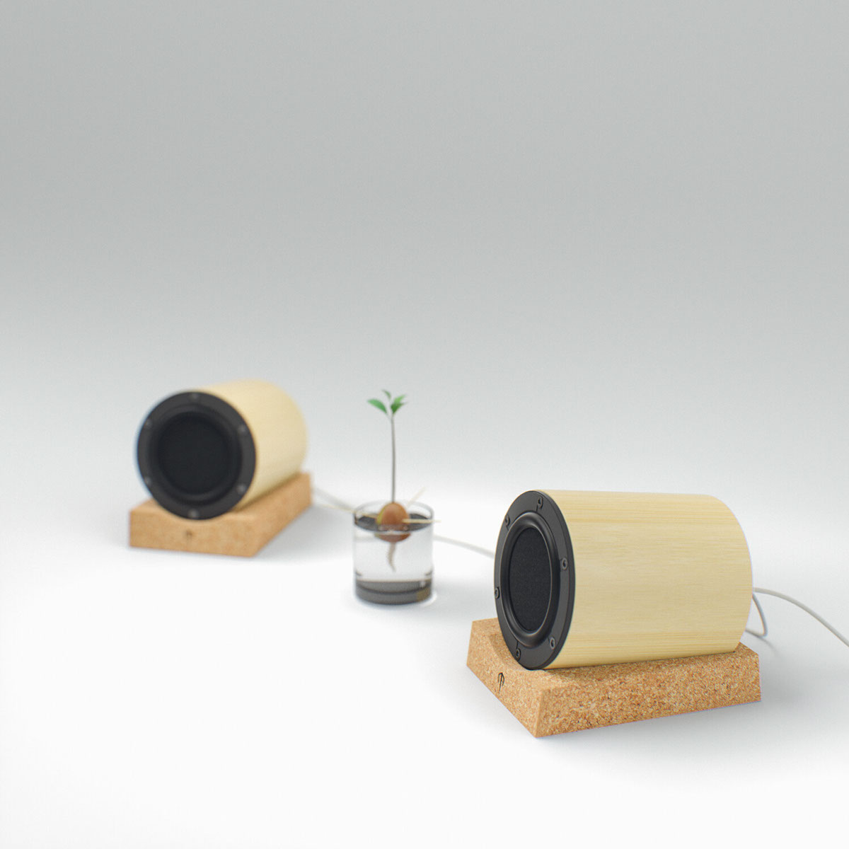 bamboo cork industrial product design manufacturing prototype concept 3D blender Fusion360 model speakers Audio sound