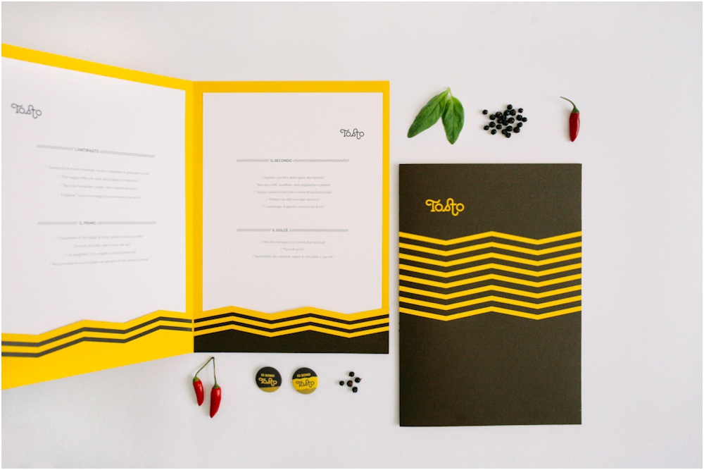 menu yellow cordenons paper wine list Food  pin badges spille ristorante giallo geometria pattern Nero Bistrot